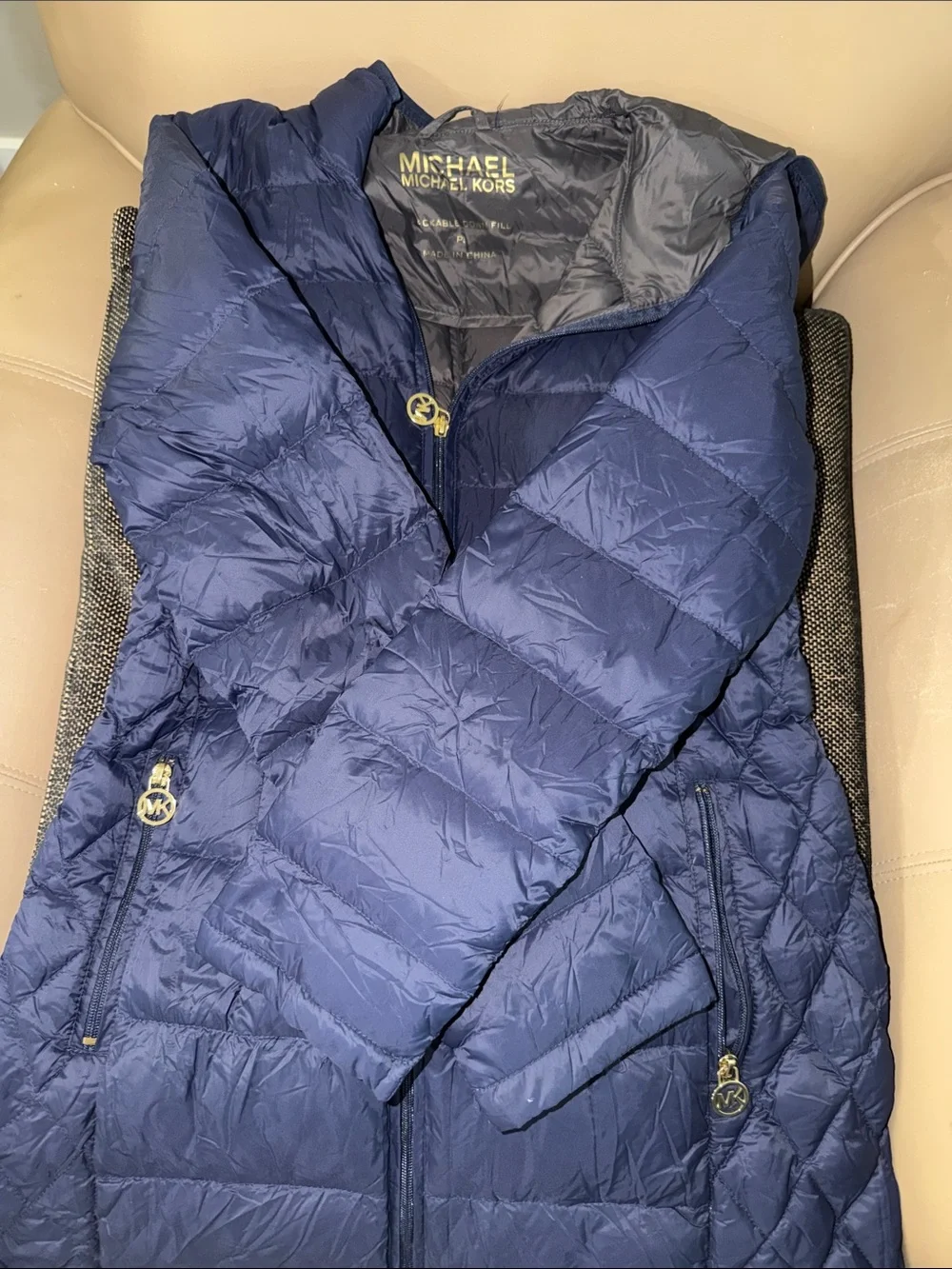 Michael Kors Packable Navy Quilted Hooded Puffer Jacket with Gold Accents